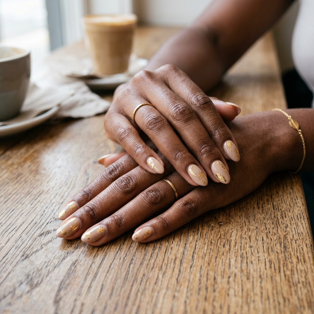 Unhas curtas amendoadas nude com folha de ouro, pele morena, mesa de madeira