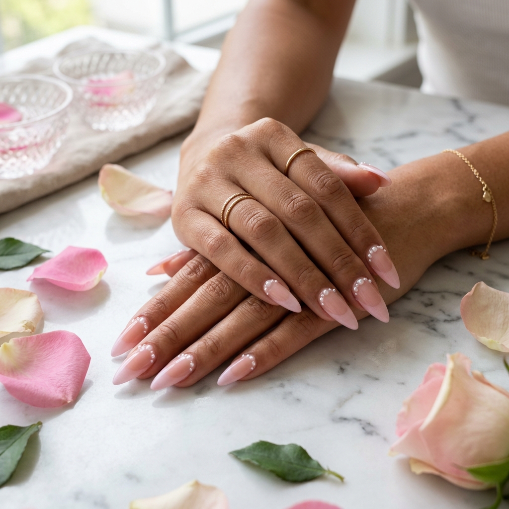 Unhas stiletto longa ombré French com pérolas, mármore branco, pétalas de rosa
