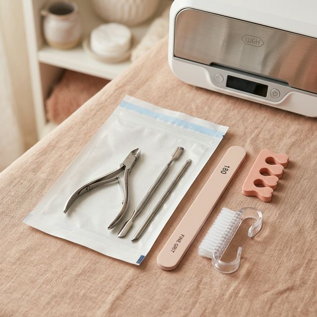 Kit individual com alicate, espátula, palito de inox, lixa 180, escovinha e separador de E.V.A. esterilizados para cada cliente da Leticia Martins